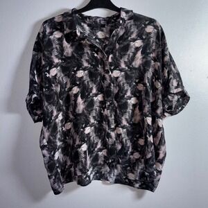 ALLSAINTS Women's Black Pink Palm Leaf Print 100% silk Button Down Shirt Size 4
